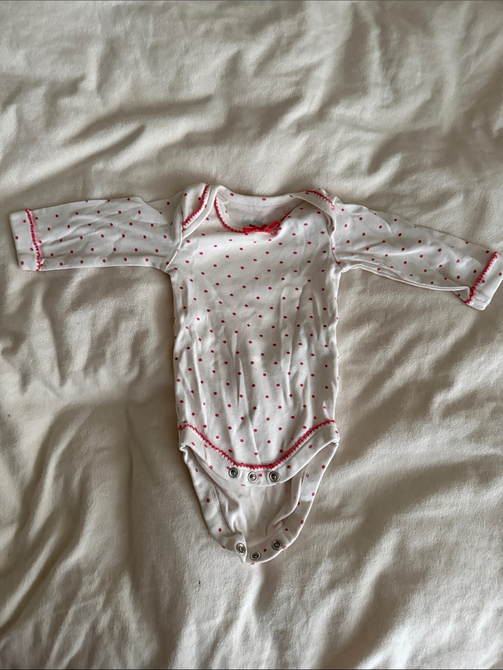 Baby Boden White Long-Sleeve One-Piece with Pink Dot Trim